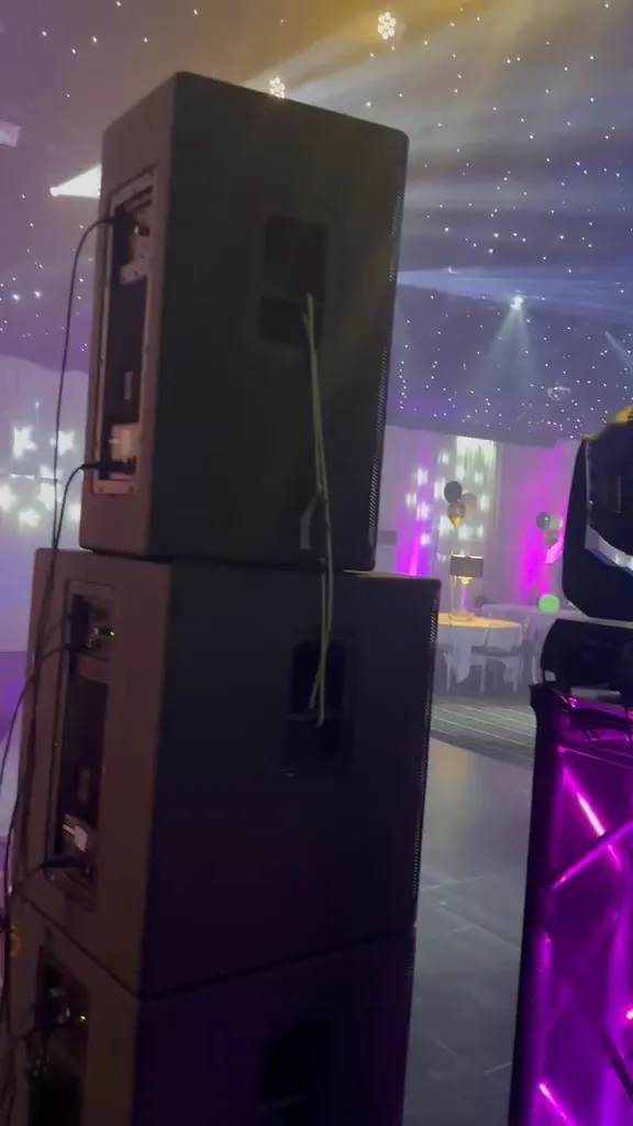 The speaker stacks under star cloth before the birthday party got going